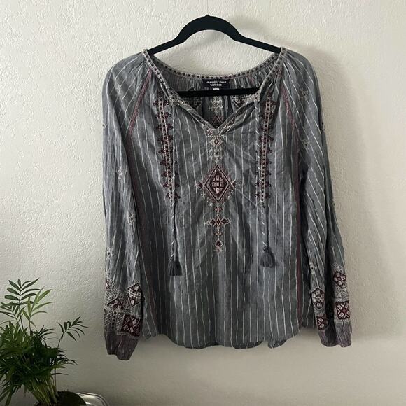 Johnny Was Workshop Stripe Embroidered Peasant Blouse - Picture 1 of 6